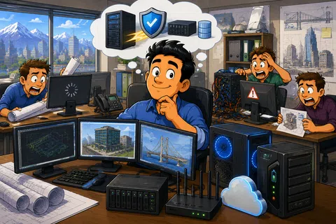 Engineer confidently manages cloud computing and network security while overwhelmed colleagues face technical issues.