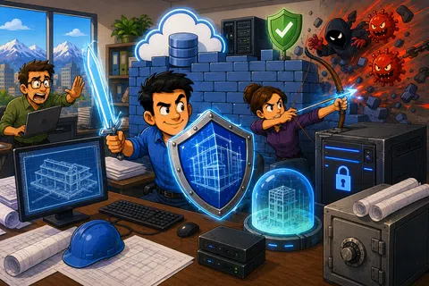 Two professionals defend digital blueprints with shield and bow against viruses and hackers behind a digital firewall.