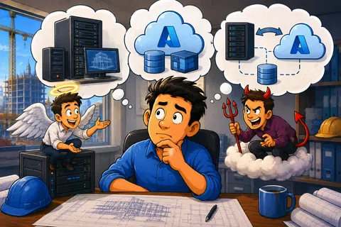 Architect weighing server-based vs cloud-based data storage with angel and devil advisors in office.