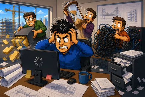 Stressed man at cluttered desk with chaotic coworkers, struggling with paperwork, cables, and time in an office.