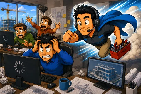 Frustrated office workers struggle with loading screens while a superhero technician flies in to fix the problem with tools.