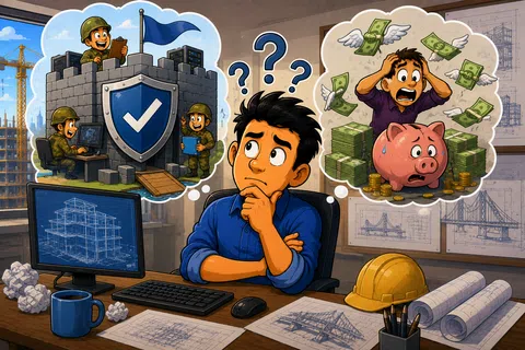 Engineer at desk torn between building cybersecurity or losing money from a flying dollar and worried piggy bank.