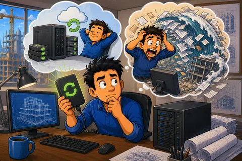 Worried man at desk holding external drive imagines data loss chaos versus smooth server backup success.