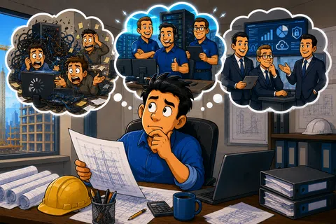 Thoughtful engineer reviews blueprints imagining chaotic, organized, and professional work scenarios in an office with construction views.