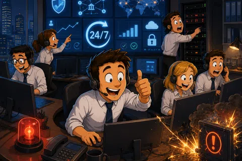 IT support team managing cybersecurity with 24/7 monitoring amid system alerts and data protection graphs.