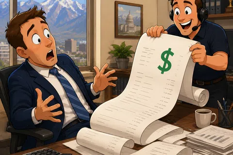 Surprised businessman reacts as another man shows a long receipt with a large dollar sign in office setting.