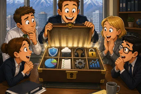 Excited business team discovers a treasure chest filled with icons representing data, security, and technology in an office.