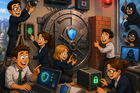 Team securing a high-tech vault with fingerprint scanner, locks, cameras, and alarms against intruders climbing through a window.