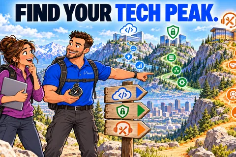 Man with compass points to tech-themed mountain trails while woman holds laptop, set against a scenic mountain landscape.