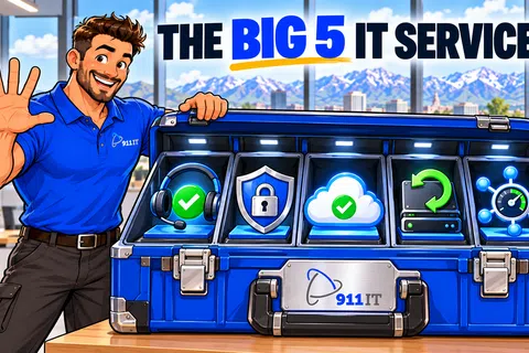 Man in blue shirt shows the Big 5 IT services icons on a blue toolbox in a modern office setting with a mountain view.
