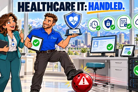 Healthcare IT professionals confidently managing secure, efficient medical technology in a modern office setting.