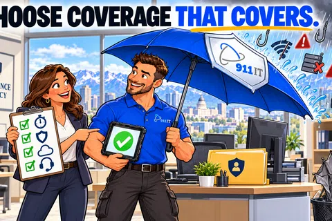 Insurance agents promote comprehensive coverage with a shield umbrella blocking digital threats and checklist approvals in an office.