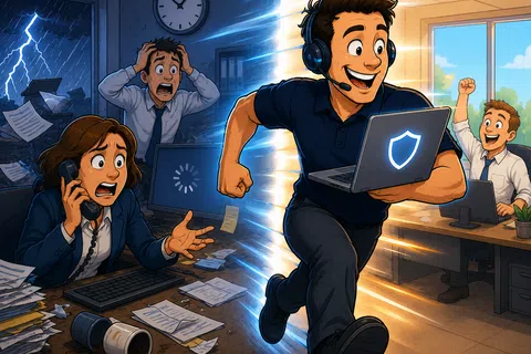 Man runs from chaotic stormy office to bright calm room with laptop displaying shield, coworkers cheer.