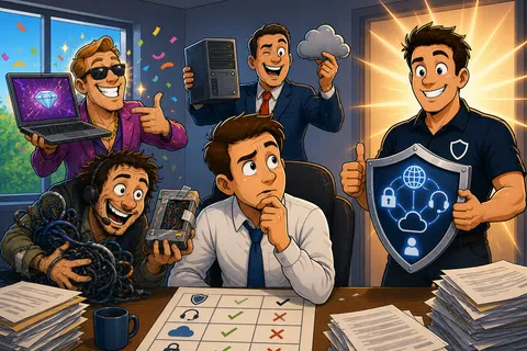 Businessman comparing cybersecurity solutions with confident IT specialists showcasing features and benefits at desk.