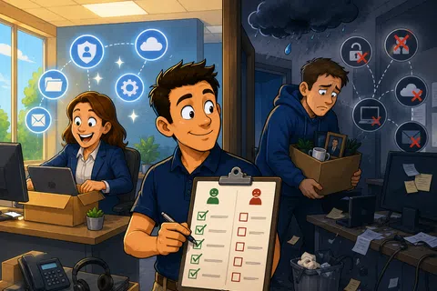 Contrast between successful happy workers in bright office and sad fired employee in dark cluttered room with failed tech icons.