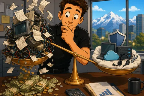 Man carefully weighing outdated technology and money against modern cloud computing and security on a balance scale.