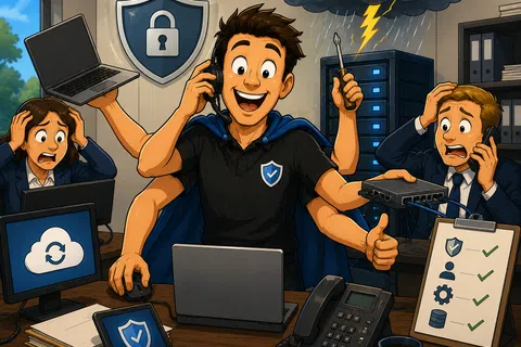 Multi-tasking IT specialist with multiple arms managing cybersecurity tasks amid office chaos and technical issues.