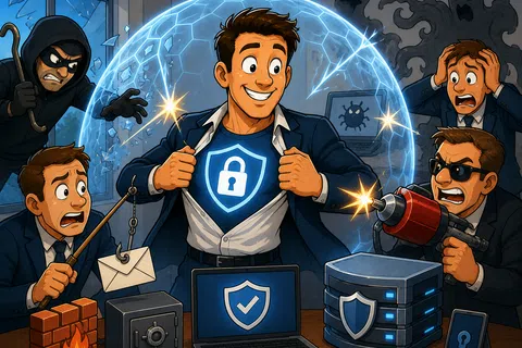 Confident businessman unveiling cybersecurity shield protecting data from hackers and malware attacks in office.