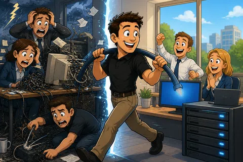 A man replaces chaotic tangled cables in a stormy office with a neat, high-tech server setup in a bright, organized workspace.