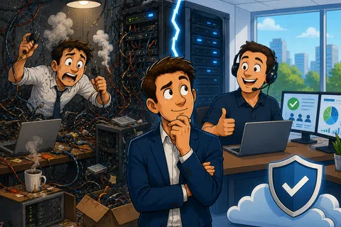 Contrasting IT scenarios showing chaotic outdated servers versus organized cloud computing with a confident businessman in the center.