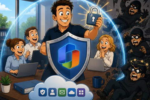 Team protected by a shield with a lock and security icons repelling hackers in an office setting.