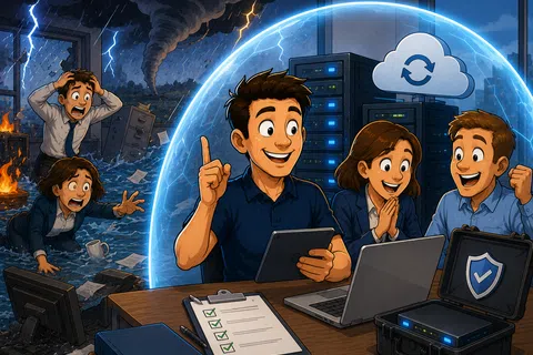 Team protected by a digital shield from data disaster while others outside panic amid chaos and fire.