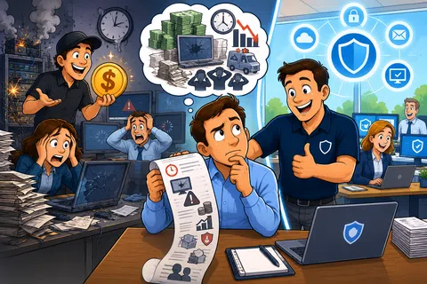 Contrast between stressed workers dealing with data loss and a confident team using cybersecurity protection solutions.