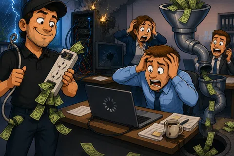 Technician steals money from power strip while stressed workers react to broken equipment and leaking cash in office.