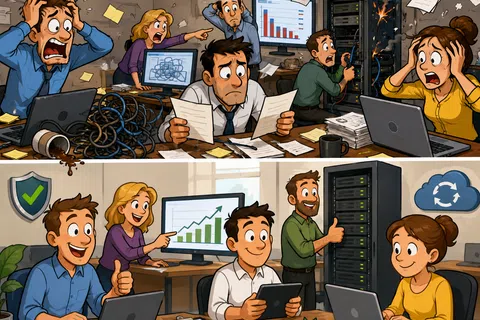 Before and after scenes of a stressed team facing IT problems and a happy team successfully managing server and data tasks.