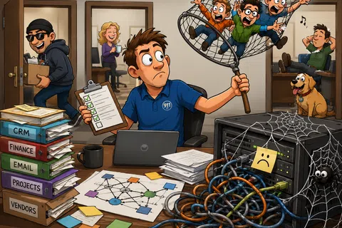 IT worker tries to catch bugs causing tangled network cables while thief steals files and coworkers relax nearby.