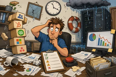 Stressed man at cluttered desk with tipped boxes, leaking server, warning checklist, and downward trend graph on screen.