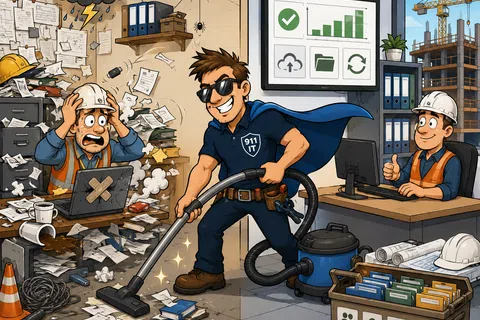 IT superhero cleans chaotic office on left, creating organized, modern workspace on right with charts and files.