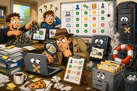 Detective inspects confused man, messy office, anxious computer and server with security checklist and data issues visualized