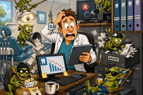 Stressed dentist distracted by gremlins causing chaos with patient data, backups, and computer errors in office.