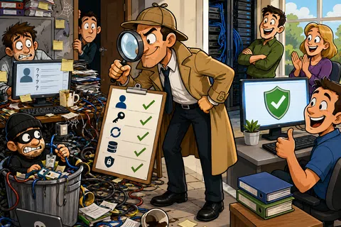 Detective inspects cybersecurity checklist as messy hacker workspace contrasts with secure office environment.