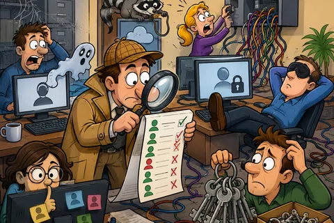 Cartoon detectives struggling to solve a cybersecurity puzzle with locks, keys, terminals, and network cables in an office.