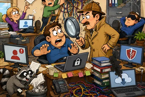 Cartoon of a chaotic cybersecurity office with stressed workers, tangled cables, a detective inspecting, and a mischievous raccoon.