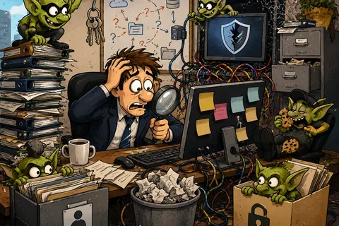 Stressed man with magnifying glass surrounded by mischievous green goblins disrupting his chaotic office and computer security.
