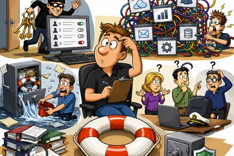 Confused man surrounded by complex data issues, security breaches, and a lifebuoy symbolizing IT risk management challenges.