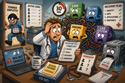 Stressed healthcare worker managing tangled medical system access issues with overdue reviews and security risks.