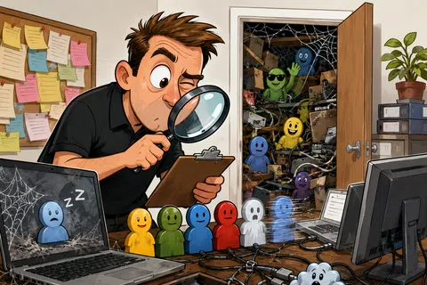 Man inspects colorful linked figures with magnifying glass in cluttered room full of tangled cables and cobwebs.
