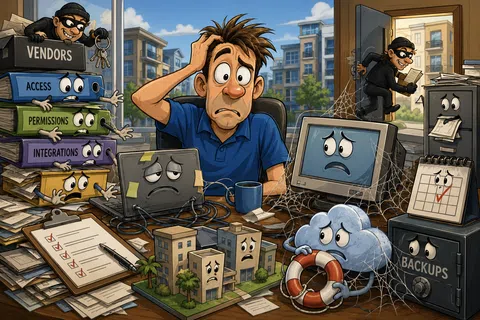 Stressed man overwhelmed by animated files, folders, and devices symbolizing data security and IT issues.