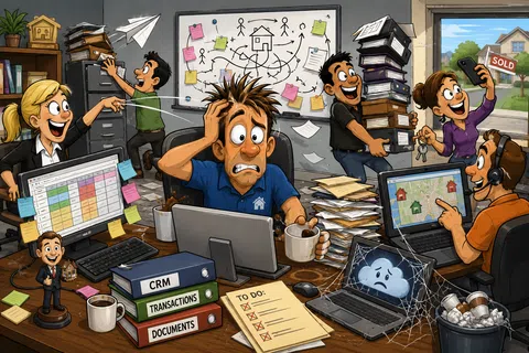 Busy real estate office with stressed agent, team collaboration, property plans, and sold house outside window.