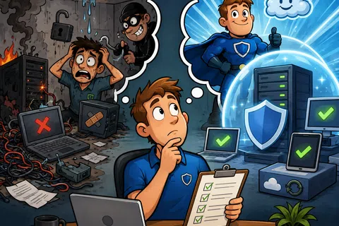 Man reviews computer security checklist imagining secure and vulnerable systems with hacker and superhero symbols.