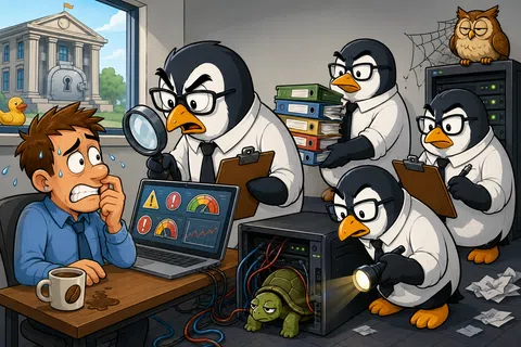 Cartoon penguins in glasses investigate a nervous man and a computer revealing a hidden turtle in a server room.