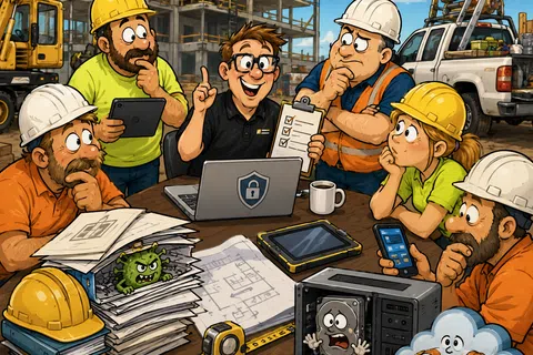 Construction team discusses cybersecurity with a laptop, digital devices, and blueprints at a worksite meeting.