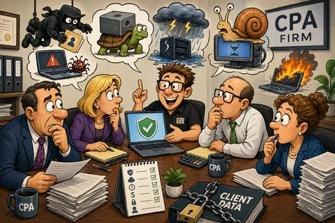 CPA firm team discussing IT security threats and solutions with a confident IT expert showing laptop protection.