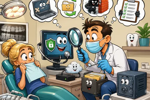 Dentist examines patient with technology icons showing protection, backup, firewall, and checklist thought bubbles.