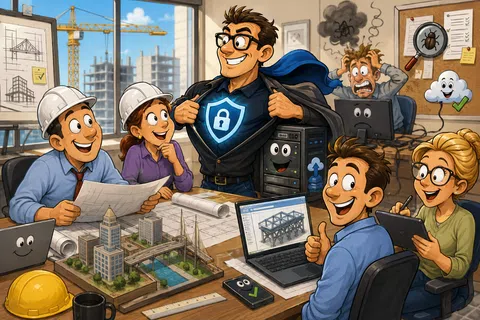Happy engineers in a construction office celebrating a cybersecurity hero protecting their project data and computer system.
