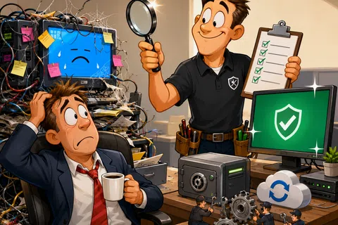 IT specialist fixing messy, broken computer for confused businessman amid digital security and cloud backup symbols.